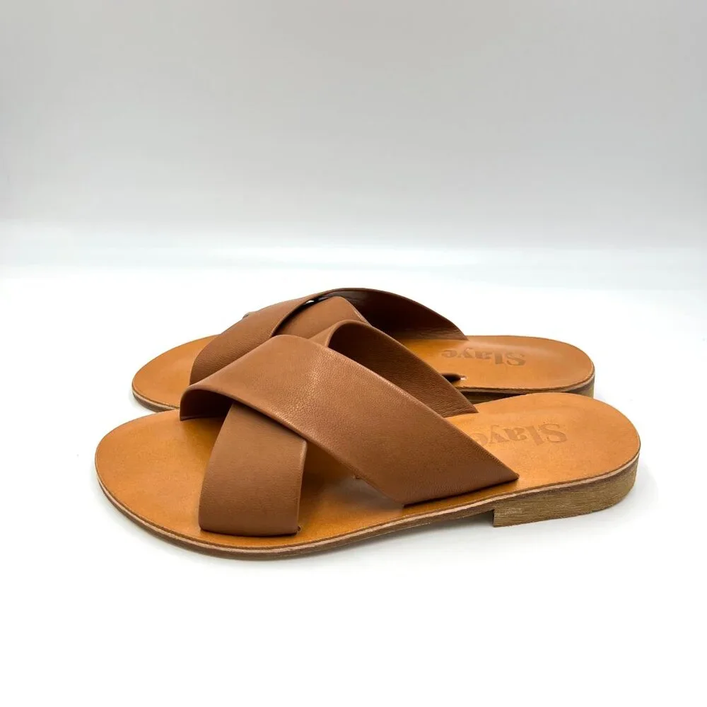 Slaye Womens EU 37 US‎ 7 Brown Leather Slip On Sandals Slides Shoes - Picture 6 of 13